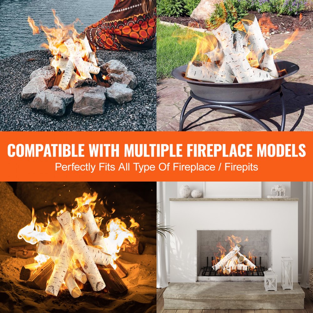 VEVOR 6 Pcs Large Withe Birch Logs, Gas Fireplace Ceramic Logs for Fire place, Heat-Resistant Wood Log Gas Realistic Logs, Stackable Wood Branches for Gas Fireplace, Firebowl Indoor or Outdoor 