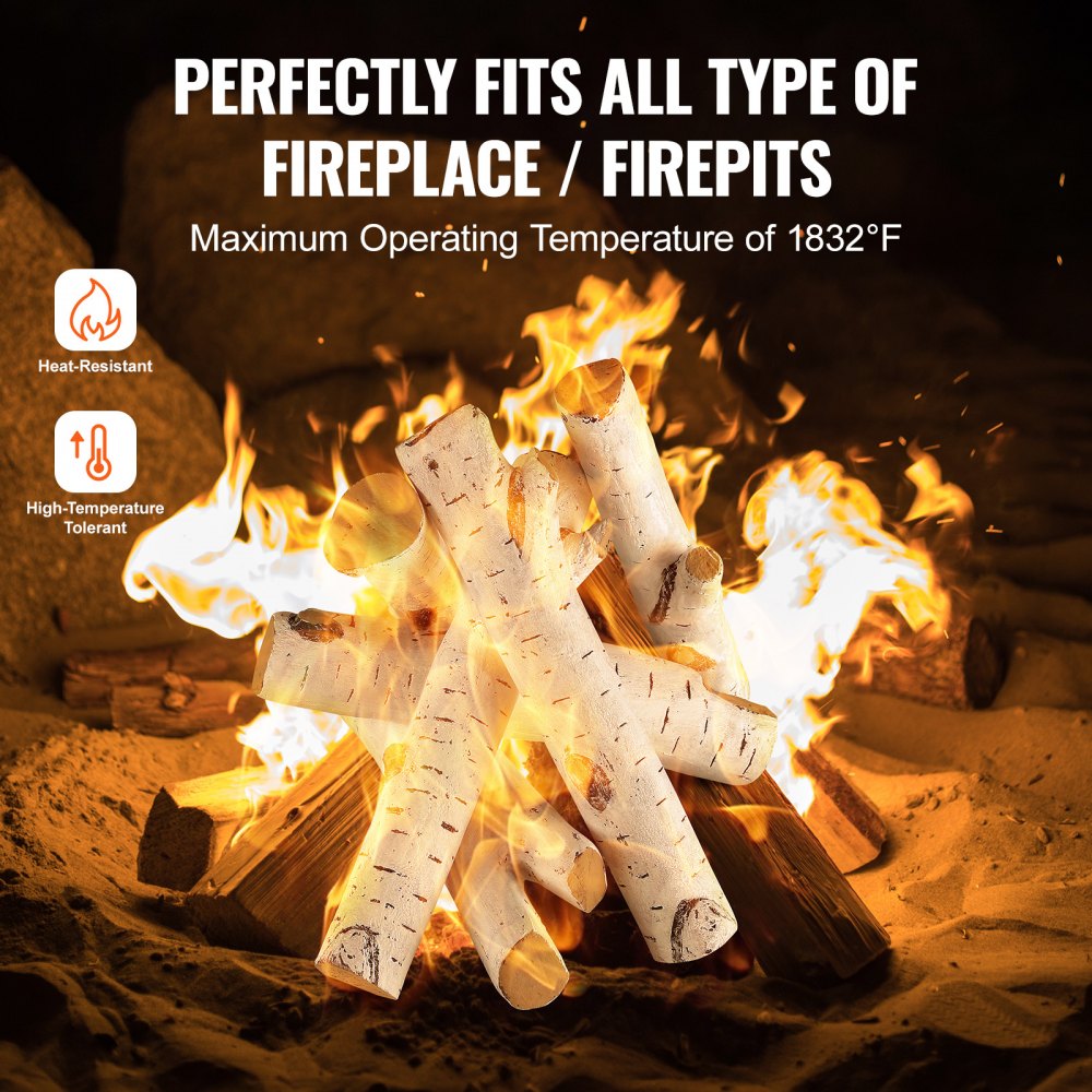 VEVOR 6 Pcs Large Withe Birch Logs, Gas Fireplace Ceramic Logs for Fire place, Heat-Resistant Wood Log Gas Realistic Logs, Stackable Wood Branches for Gas Fireplace, Firebowl Indoor or Outdoor 