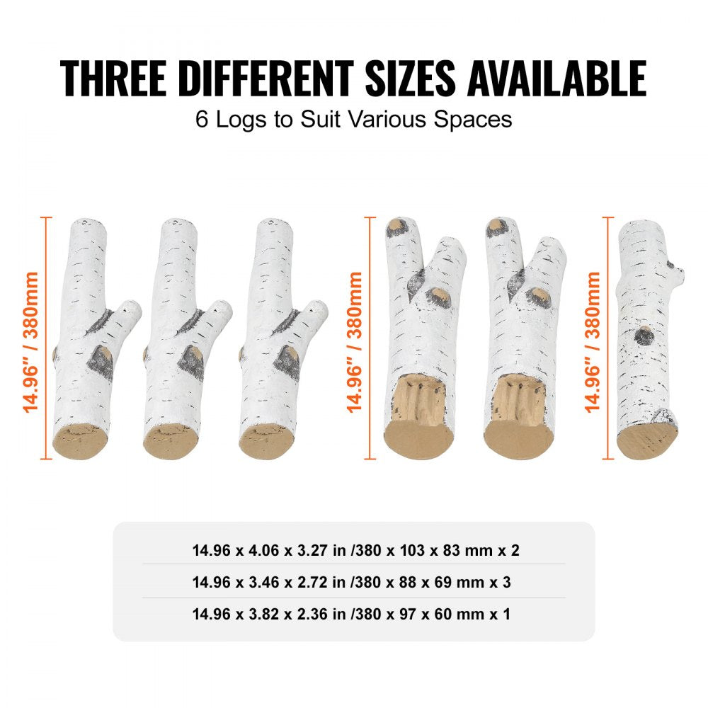 VEVOR 6 Pcs Large Withe Birch Logs, Gas Fireplace Ceramic Logs for Fire place, Heat-Resistant Wood Log Gas Realistic Logs, Stackable Wood Branches for Gas Fireplace, Firebowl Indoor or Outdoor 