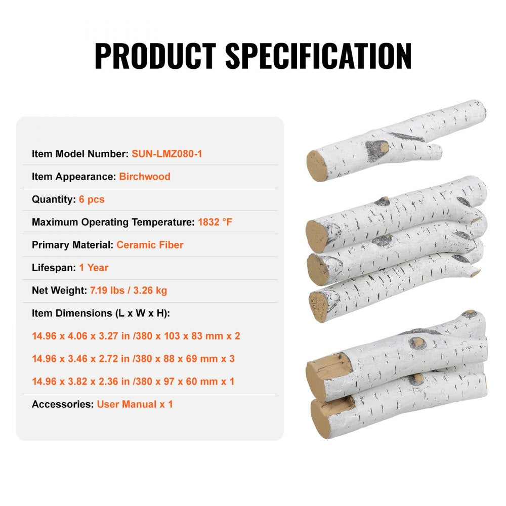 VEVOR 6 Pcs Large Withe Birch Logs, Gas Fireplace Ceramic Logs for Fire place, Heat-Resistant Wood Log Gas Realistic Logs, Stackable Wood Branches for Gas Fireplace, Firebowl Indoor or Outdoor 