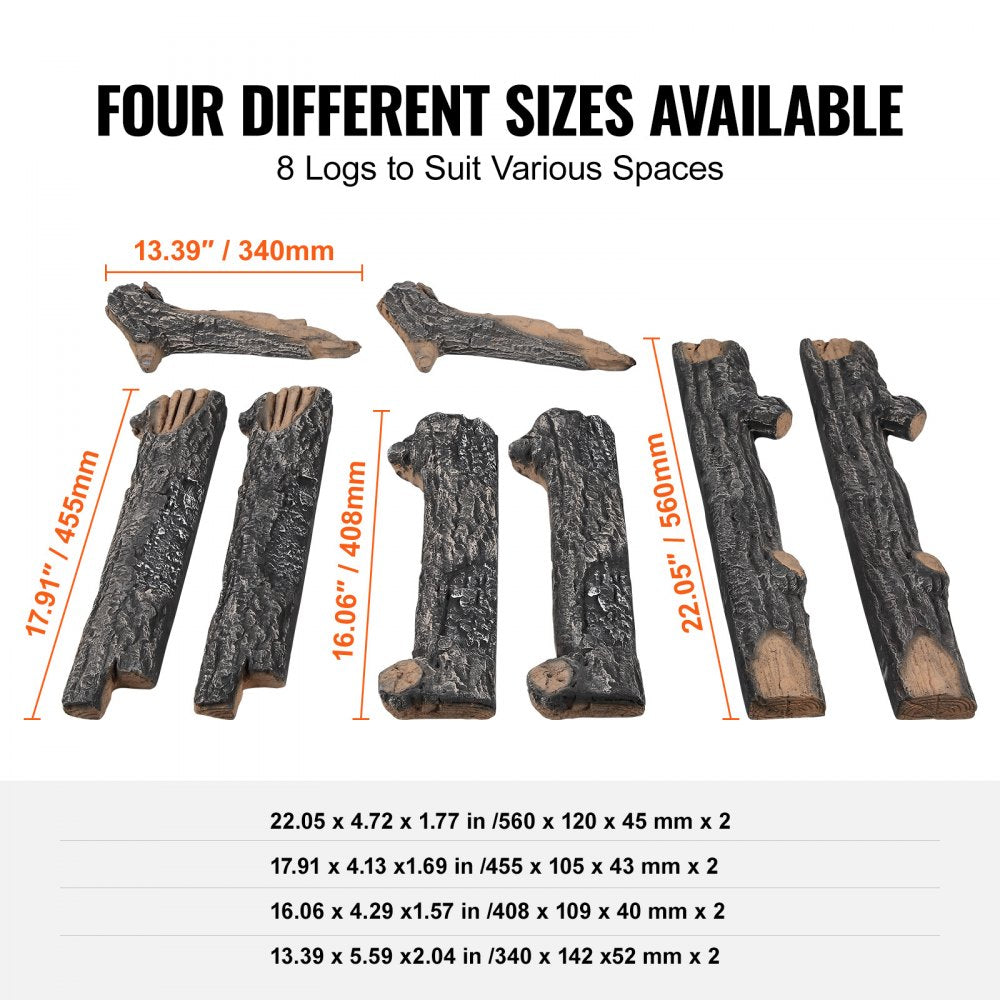 VEVOR 8 Pcs Oak Logs, Gas Fireplace Ceramic Logs for Fire place, Heat-Resistant Wood Log Gas Realistic Logs, Stackable Wood Branches for Gas Fireplace, Firebowl Indoor or Outdoor 