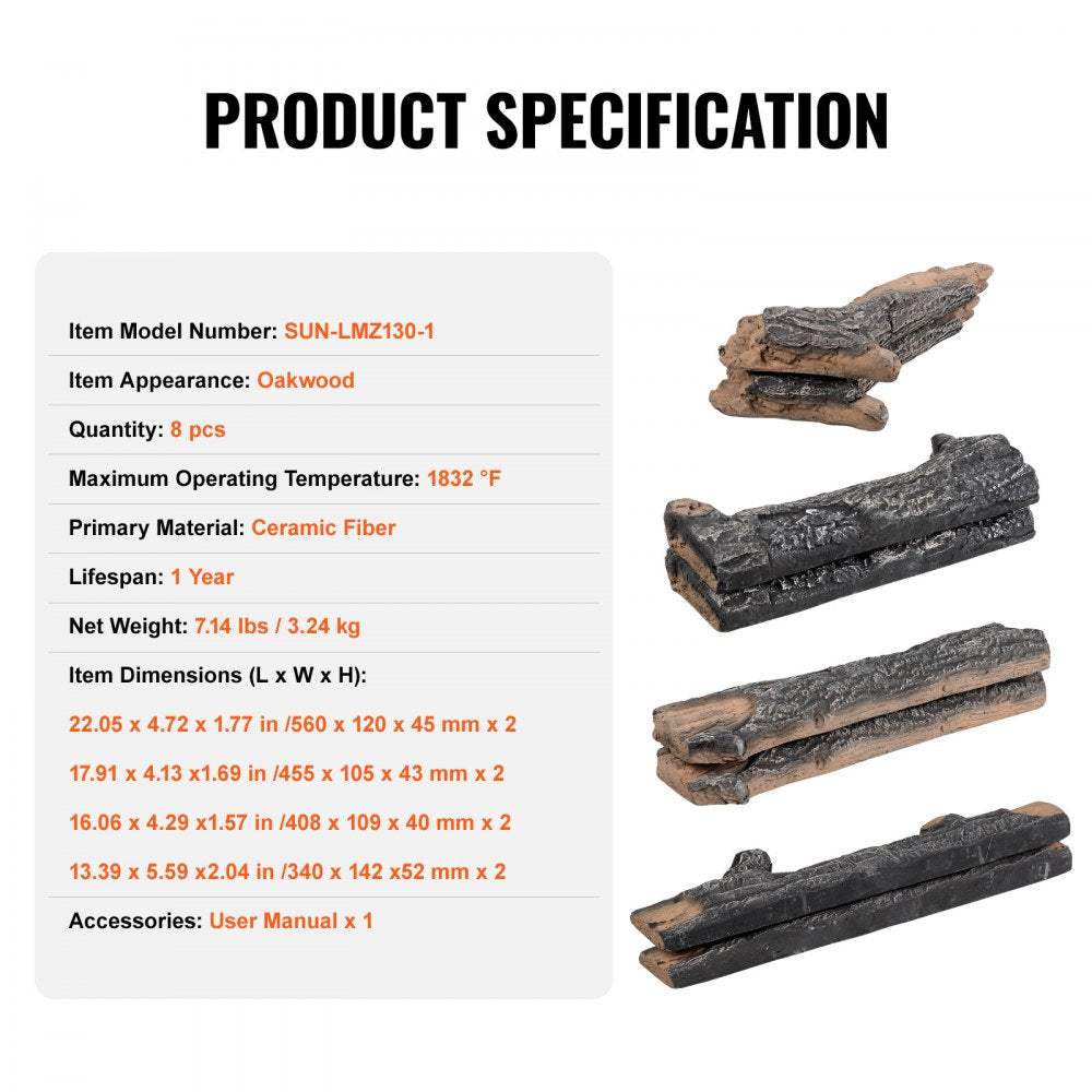 VEVOR 8 Pcs Oak Logs, Gas Fireplace Ceramic Logs for Fire place, Heat-Resistant Wood Log Gas Realistic Logs, Stackable Wood Branches for Gas Fireplace, Firebowl Indoor or Outdoor 