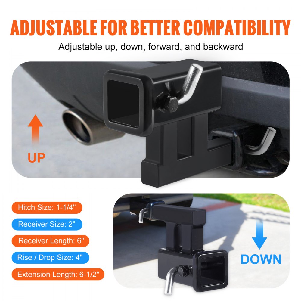 VEVOR Hitch Adapter, 1-1/4" to 2" Receiver Hitch Extender Extension, Trailer Hitch Riser with 4" Rise/Drop, 6-1/2" Extension Length, 4000 lbs Towing Capacity, Hitch Pins, Bolt and Nut Included, Black 