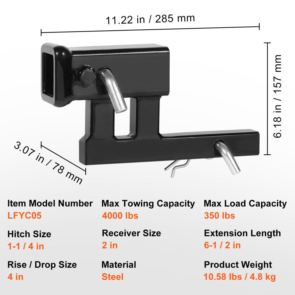VEVOR Hitch Adapter, 1-1/4" to 2" Receiver Hitch Extender Extension, Trailer Hitch Riser with 4" Rise/Drop, 6-1/2" Extension Length, 4000 lbs Towing Capacity, Hitch Pins, Bolt and Nut Included, Black 