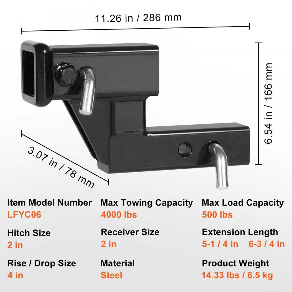 VEVOR Trailer Hitch Riser, for 2" Receiver with 4" Rise/Drop, Trailer Receiver Hitch Extender Extension Adapter, 5-1/4" and 6-3/4" Extension Length, 4000 lbs Towing Capacity, Hitch Pin Included, Black 