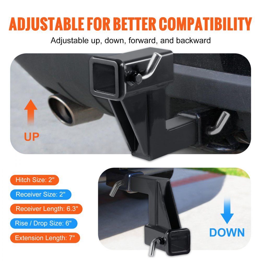 VEVOR Trailer Hitch Riser, for 2" Receiver with 6" Rise/Drop, Trailer Receiver Hitch Extender Extension Adapter, 7" and 9" Extension Length, 4000 lbs Max Towing Capacity, Hitch Pins Included, Black 