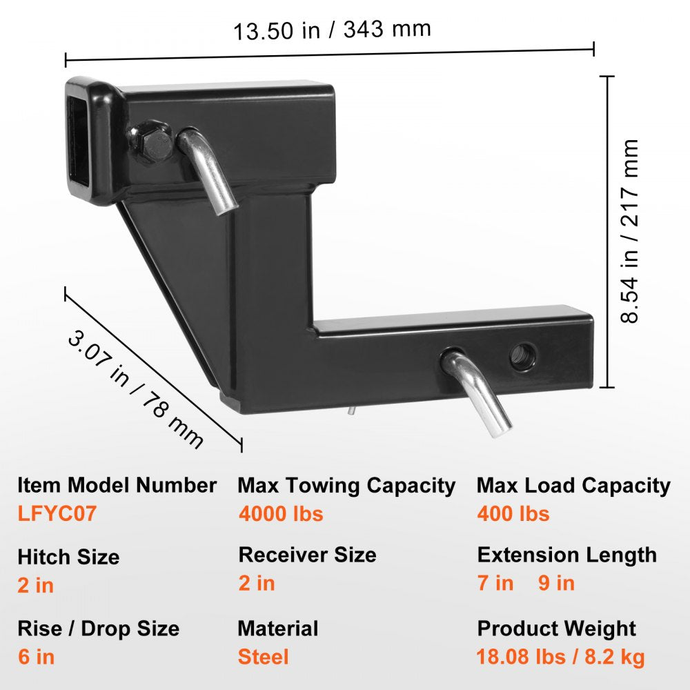 VEVOR Trailer Hitch Riser, for 2" Receiver with 6" Rise/Drop, Trailer Receiver Hitch Extender Extension Adapter, 7" and 9" Extension Length, 4000 lbs Max Towing Capacity, Hitch Pins Included, Black 