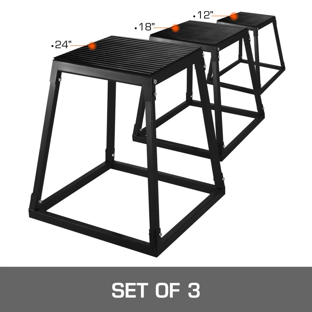 Set of 3 Fitness Black Plyometric Platform Boxes- 12'', 18'', 24'' 