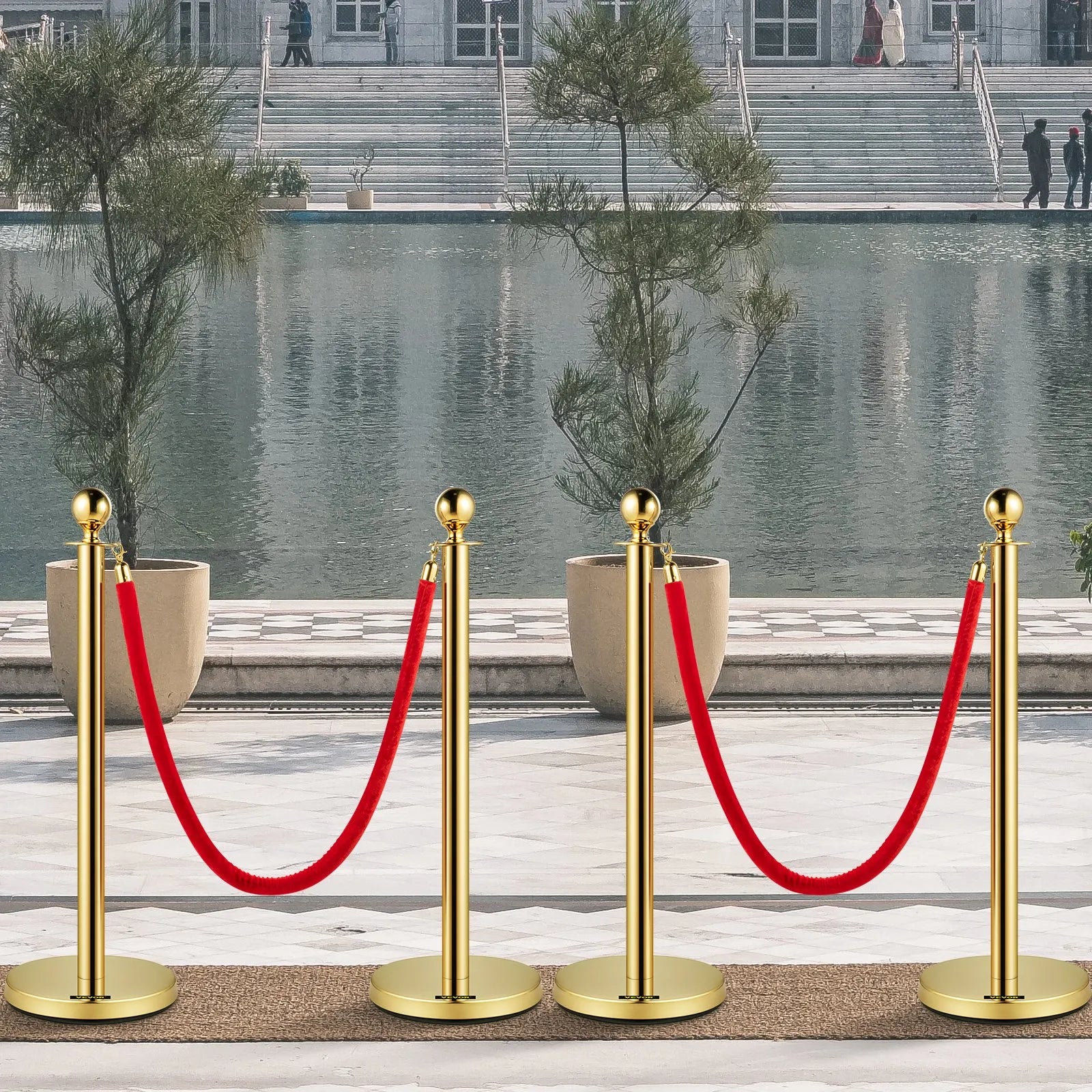 VEVOR Velvet Ropes and Posts, 5 ft/1.5 m Red Rope, Stainless Steel Gold Stanchion with Ball Top, Red Crowd Control Barrier Used for Theaters, Party, Wedding, Exhibition, Ticket Offices 4 packSets