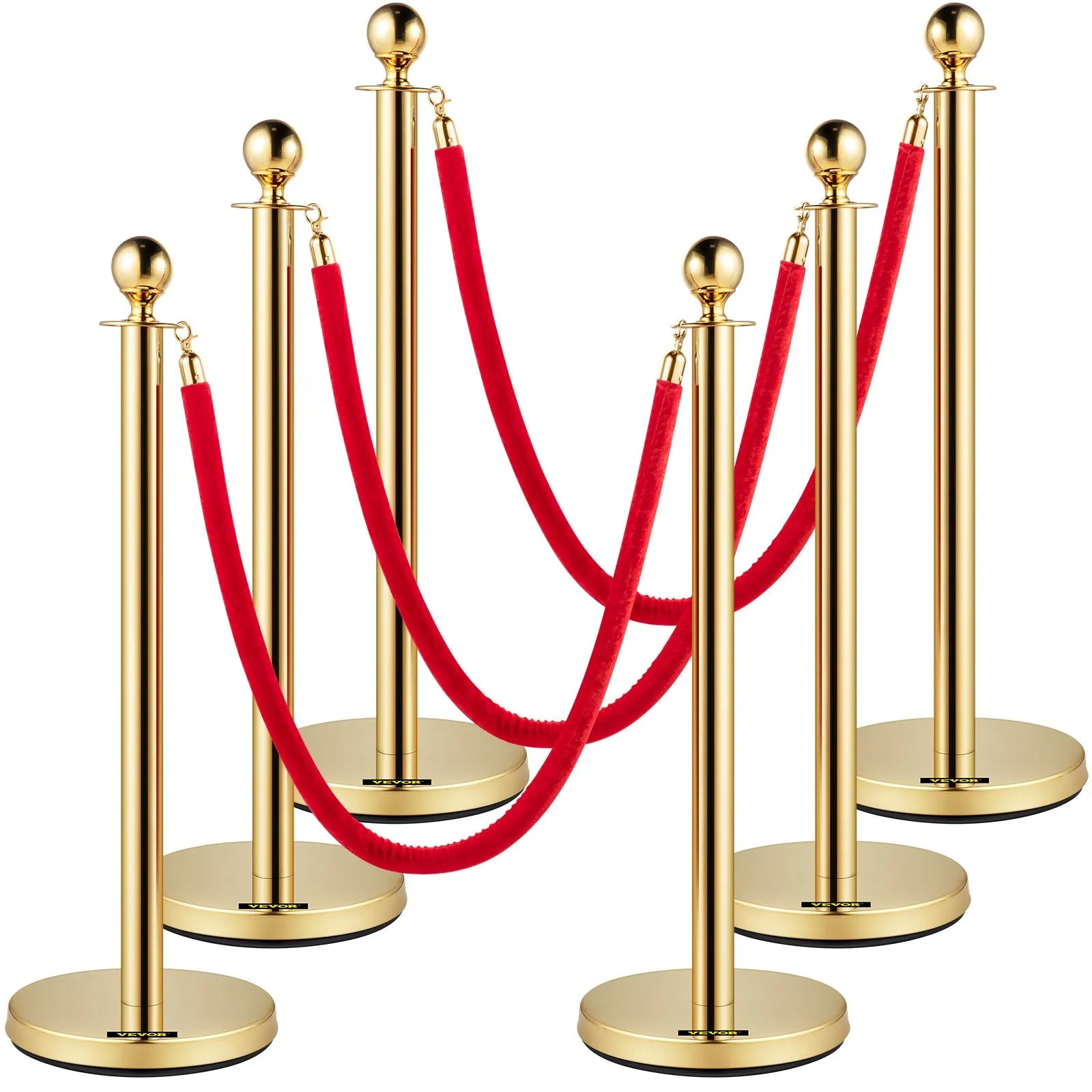 VEVOR Velvet Ropes and Posts, 5 ft/1.5 m Red Rope, Stainless Steel Gold Stanchion with Ball Top, Red Crowd Control Barrier Used for Theaters, Party, Wedding, Exhibition, Ticket Offices Pack Sets (6)