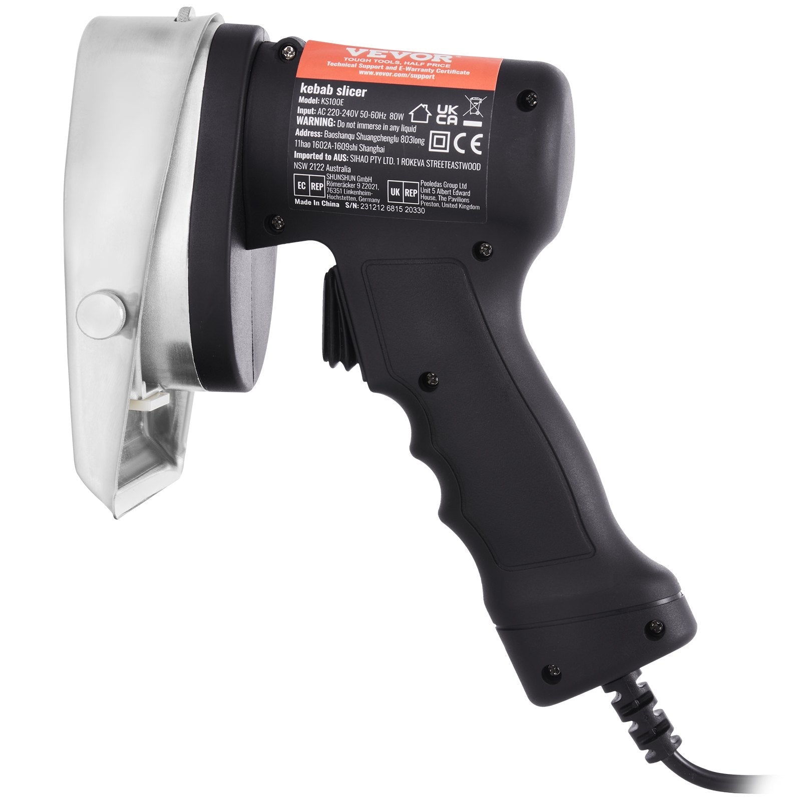 VEVOR Electric Shawarma Knife, 80W Professional Turkish Kebab Knife, Commercial Stainless Steel Gyro Cutter, Doner Kebab Meat Slicer with 2 Blades, ?4"/100mm Blade Diameter, 0-8mm Adjustable Thickness 