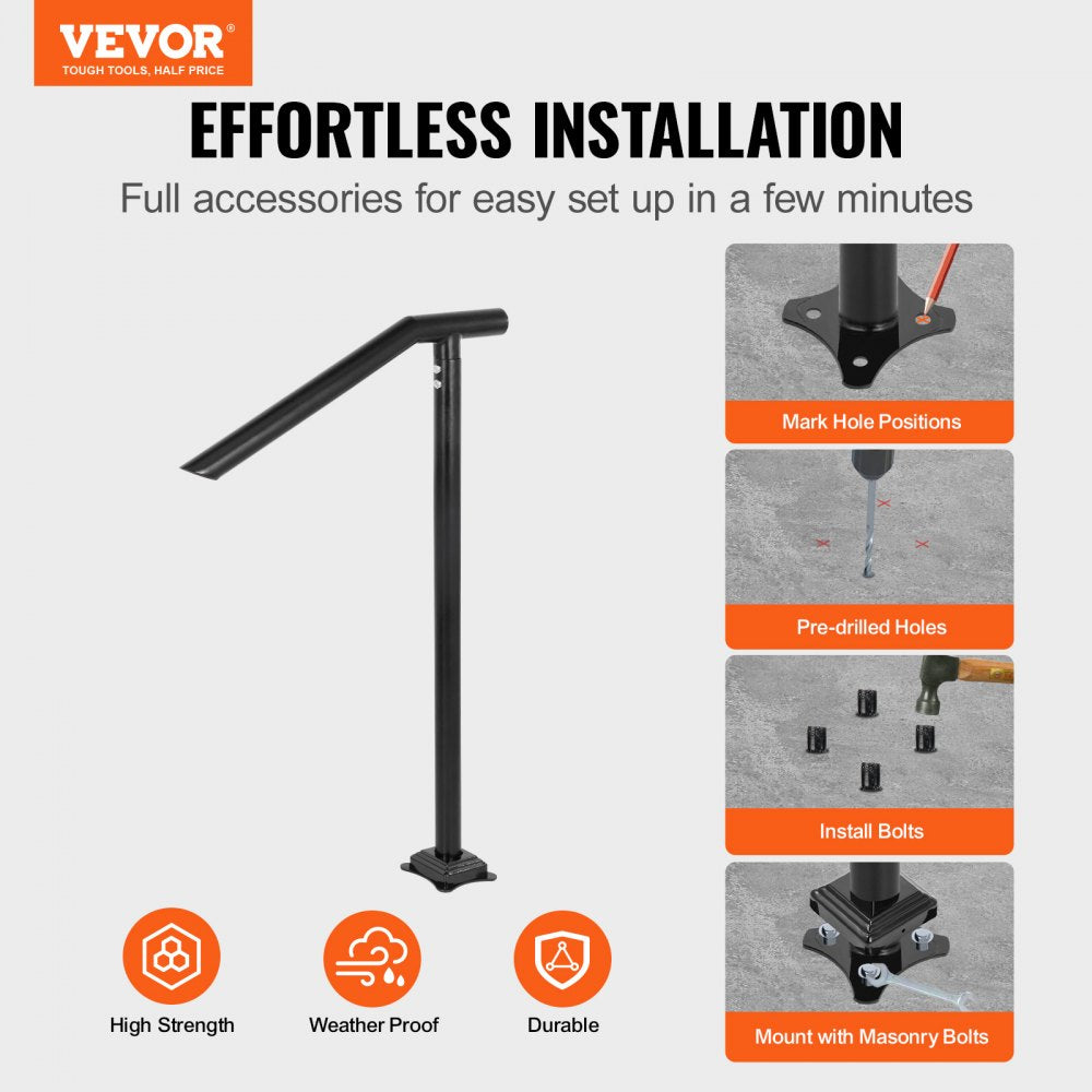 VEVOR 1-3 Step Handrail, Black Steel Railing for Steps 330LBS Capacity Stair Handrail  Baking Varnish Metal Handrail for Stairs Stylish Handrails for Outdoor Steps with Expansion Bolts & Drill Bit 