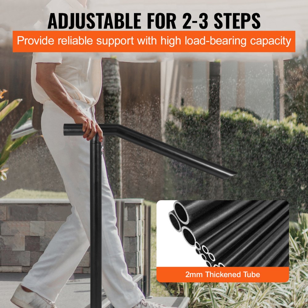 VEVOR 1-3 Step Handrail, Black Steel Railing for Steps 330LBS Capacity Stair Handrail  Baking Varnish Metal Handrail for Stairs Stylish Handrails for Outdoor Steps with Expansion Bolts & Drill Bit 