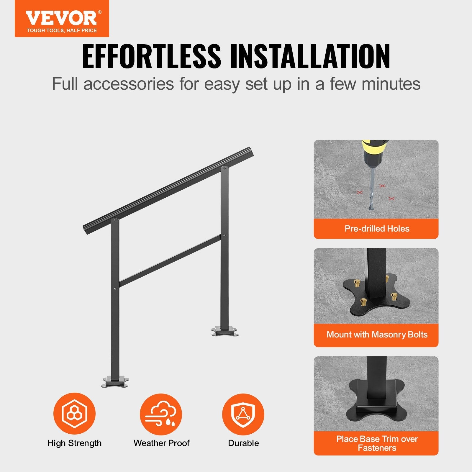 VEVOR Outdoor Handrail 165LBS Load Handrail Outdoor Stairs Aluminum Stair Handrail 36 x 35" Outdoor Stair Railing Transitional Range from 0 to 50° Staircase Handrail Fits 2-3 Steps with Screw Kit 