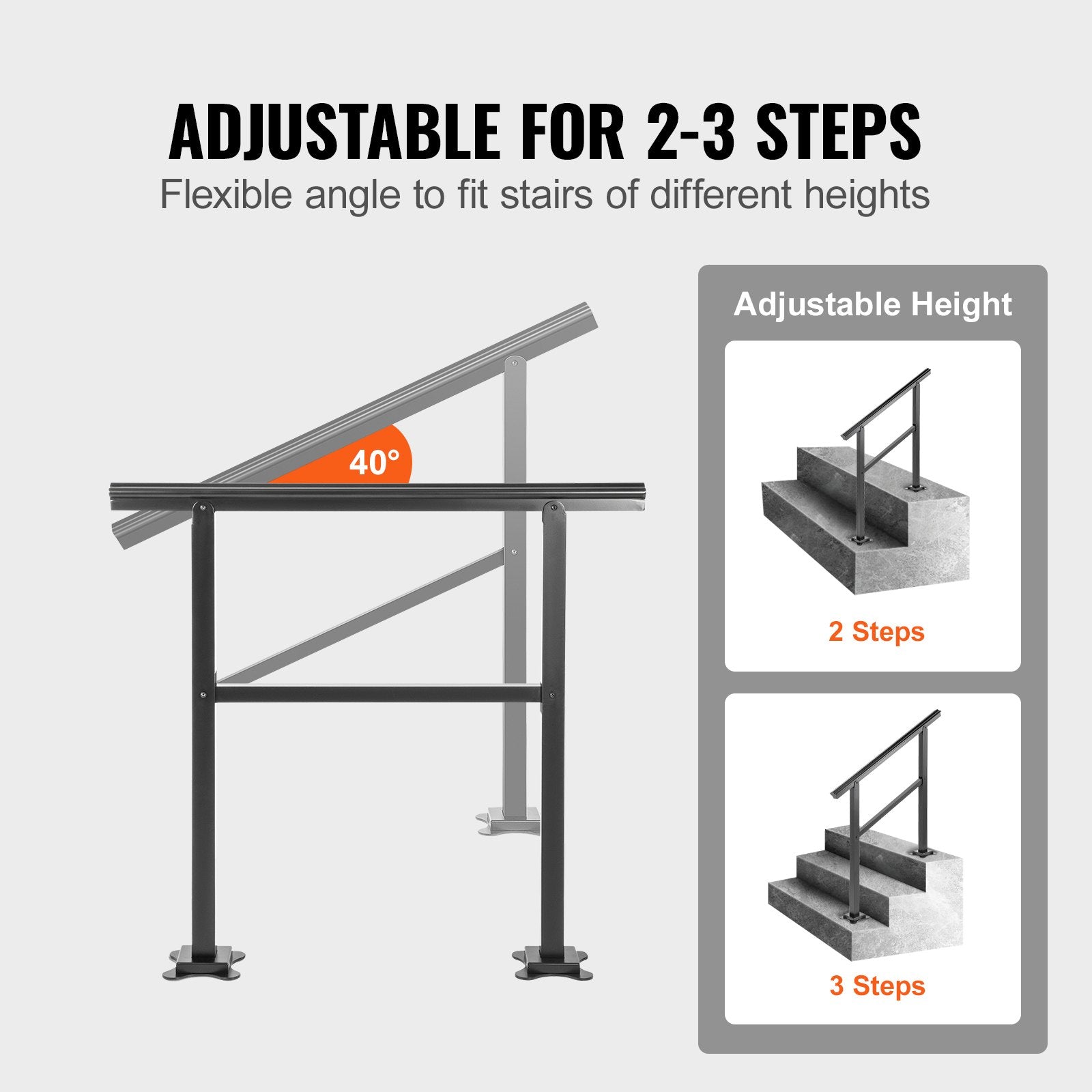 VEVOR Outdoor Handrail 165LBS Load Handrail Outdoor Stairs Aluminum Stair Handrail 36 x 35" Outdoor Stair Railing Transitional Range from 0 to 50° Staircase Handrail Fits 2-3 Steps with Screw Kit 