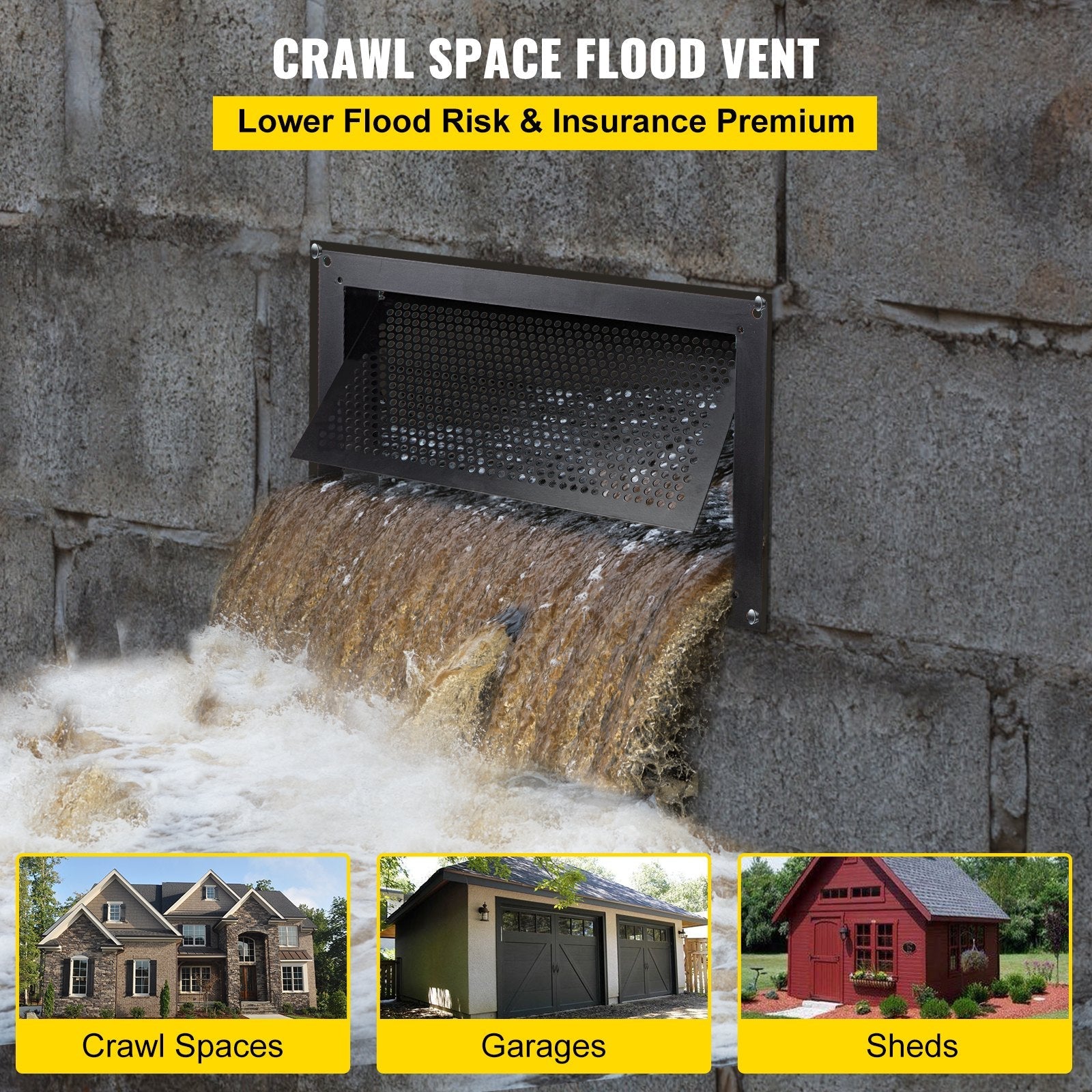 VEVOR Flood Vent, 8" x 16" x 2" Depth Foundation Flood Vent, to Reduce Foundation Damage and Flood Risk, Black, Wall Mounted, for Crawl Spaces,Garages & Full Height Enclosures 