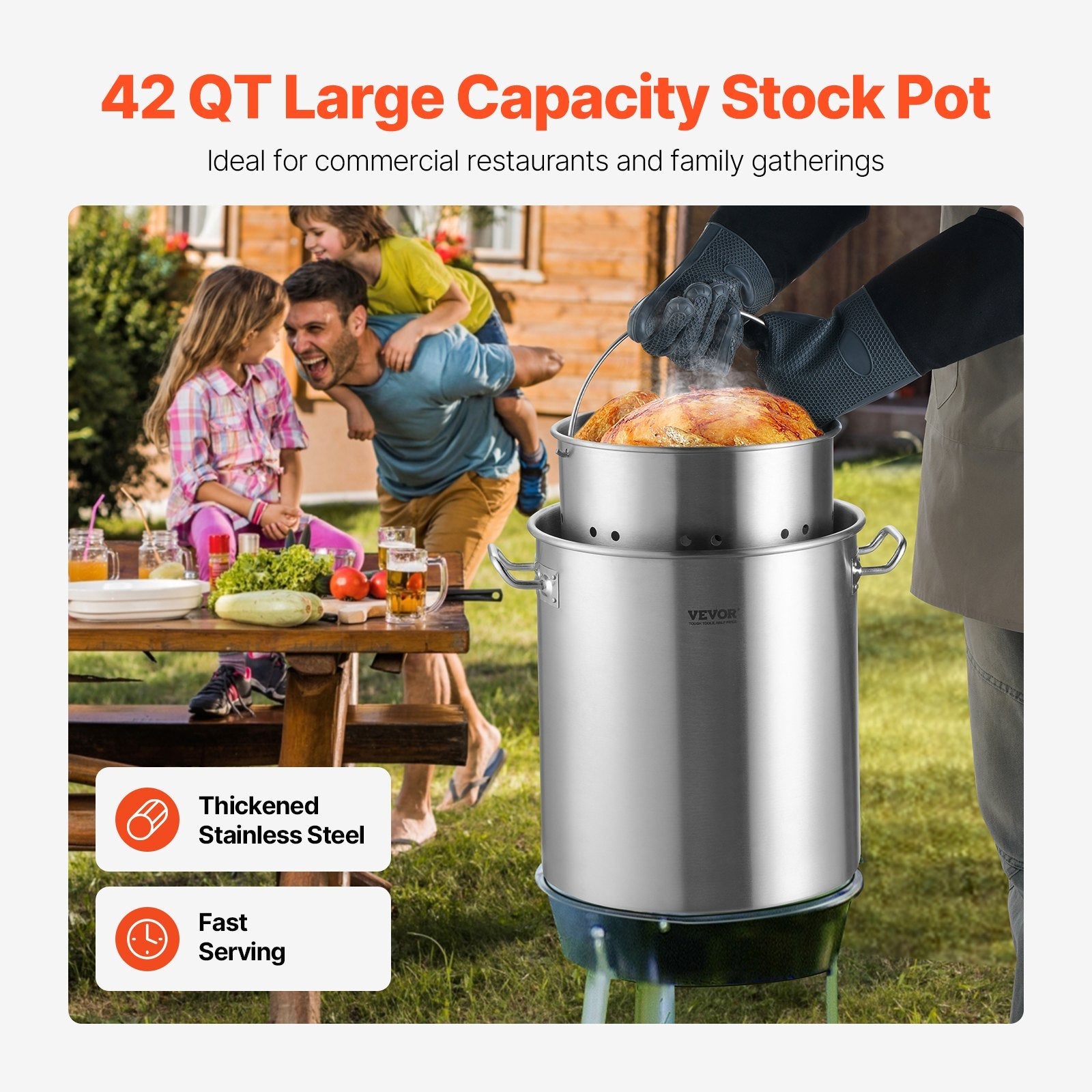 VEVOR Stainless Steel Stockpot, 42 Quart Large Cooking Pots, Cookware Sauce Pot with Strainer, Lid, and Handle, Heavy Duty Commercial Grade Stock Pot, Sanding Treatment, for Large Groups Events Silver 