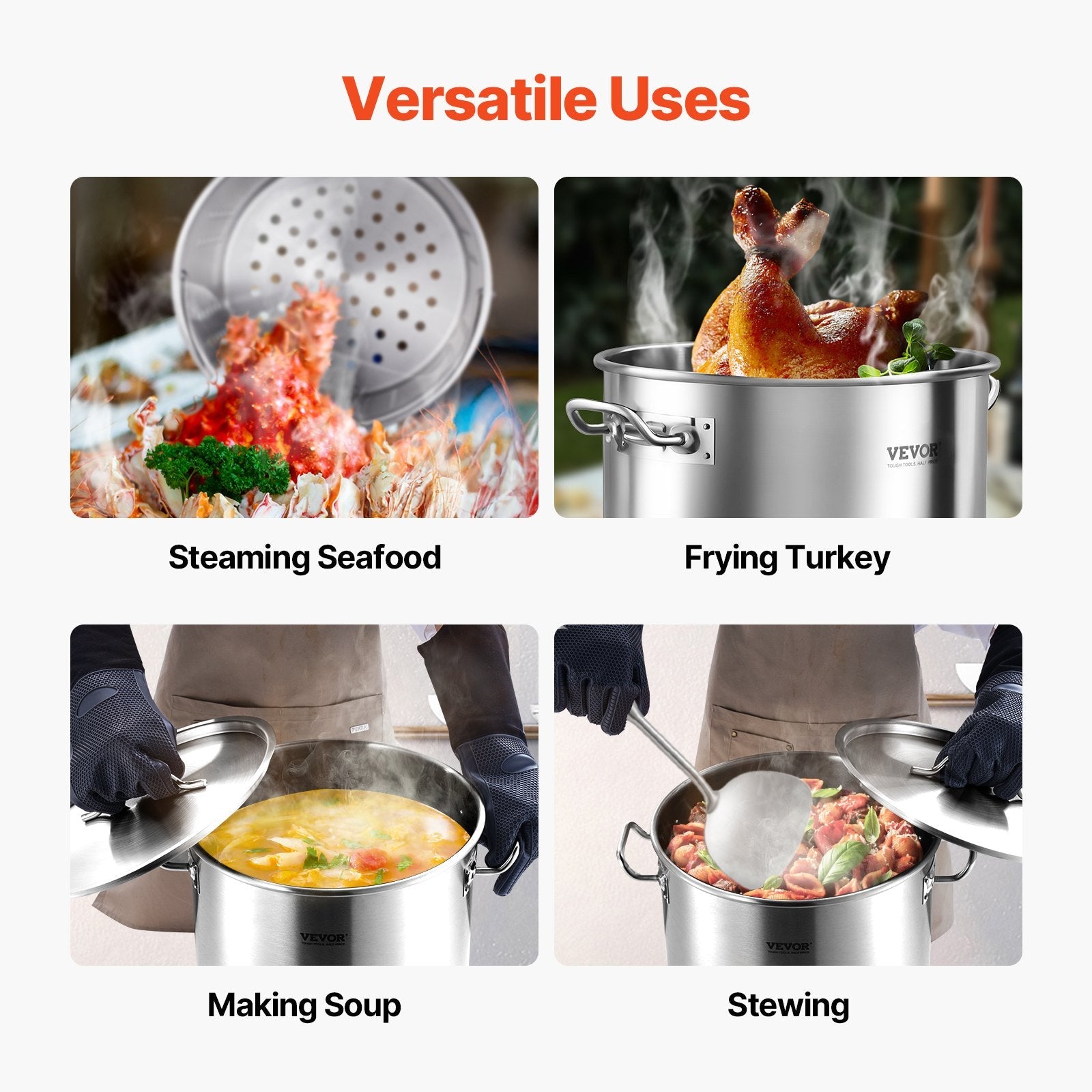 VEVOR Stainless Steel Stockpot, 42 Quart Large Cooking Pots, Cookware Sauce Pot with Strainer, Lid, and Handle, Heavy Duty Commercial Grade Stock Pot, Sanding Treatment, for Large Groups Events Silver 