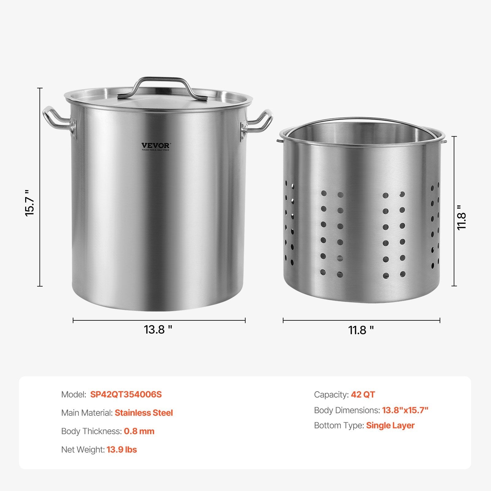 VEVOR Stainless Steel Stockpot, 42 Quart Large Cooking Pots, Cookware Sauce Pot with Strainer, Lid, and Handle, Heavy Duty Commercial Grade Stock Pot, Sanding Treatment, for Large Groups Events Silver 