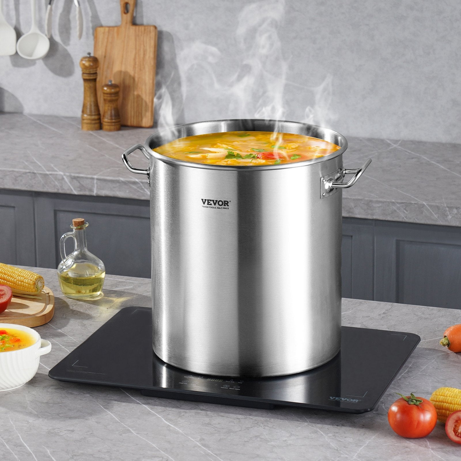 VEVOR Stainless Steel Stockpot, 42 Quart Large Cooking Pots, Cookware Sauce Pot with Strainer, Lid, and Handle, Heavy Duty Commercial Grade Stock Pot, Sanding Treatment, for Large Groups Events Silver 