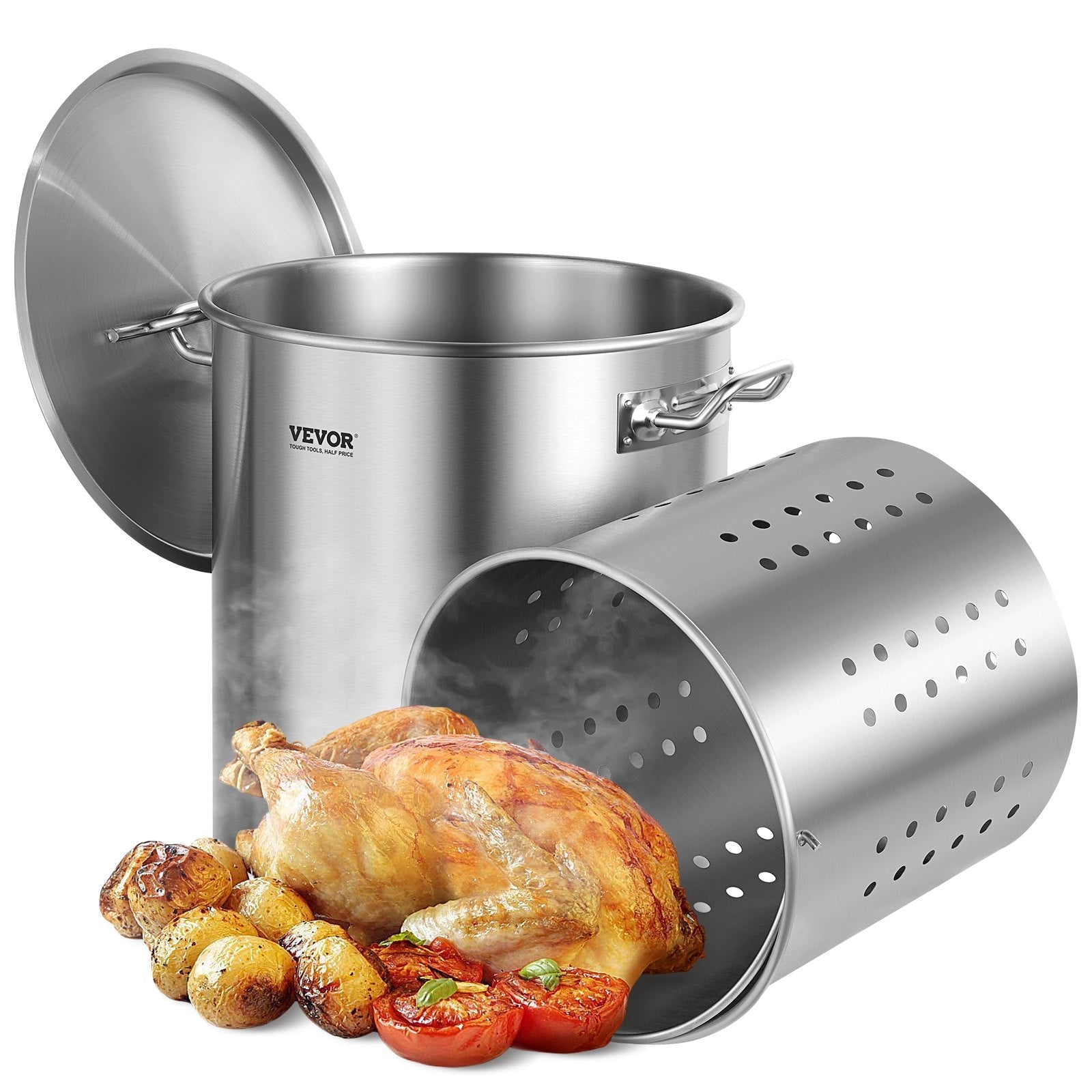 VEVOR Stainless Steel Stockpot, 42 Quart Large Cooking Pots, Cookware Sauce Pot with Strainer, Lid, and Handle, Heavy Duty Commercial Grade Stock Pot, Sanding Treatment, for Large Groups Events Silver 