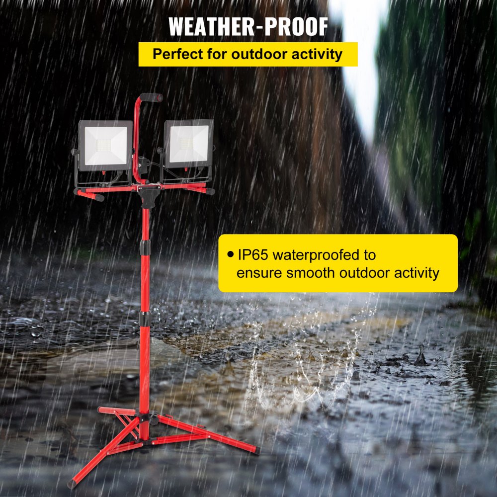 VEVOR LED Work Light with Stand, 10000 Lumen Dual-head LED Work Light with 27.6\"-68.1\" Adjustable and Foldable Tripod Stand, IP65 Waterproofed LED Tripod Work Light, with 5000 Kelvin Color Temperature 