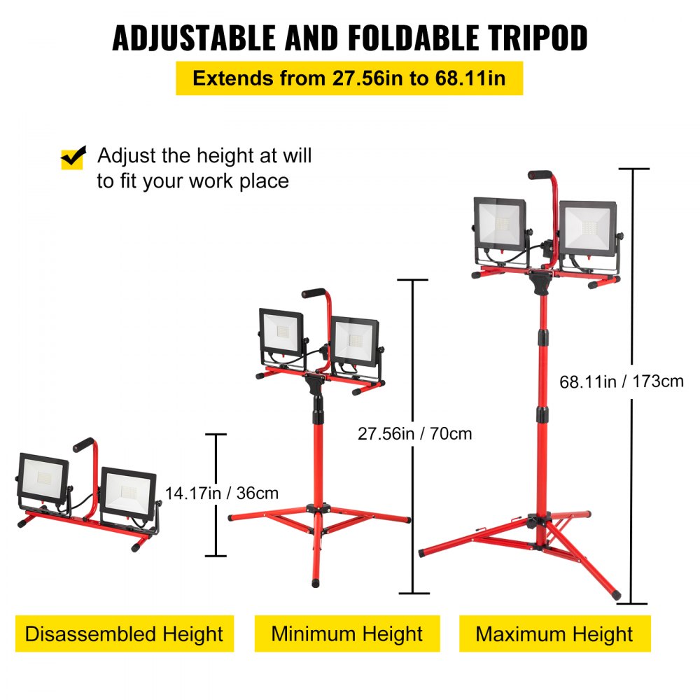 VEVOR LED Work Light with Stand, 10000 Lumen Dual-head LED Work Light with 27.6\"-68.1\" Adjustable and Foldable Tripod Stand, IP65 Waterproofed LED Tripod Work Light, with 5000 Kelvin Color Temperature 