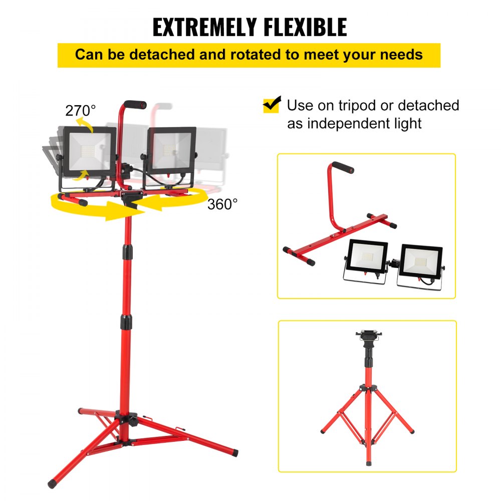 VEVOR LED Work Light with Stand, 10000 Lumen Dual-head LED Work Light with 27.6\"-68.1\" Adjustable and Foldable Tripod Stand, IP65 Waterproofed LED Tripod Work Light, with 5000 Kelvin Color Temperature 