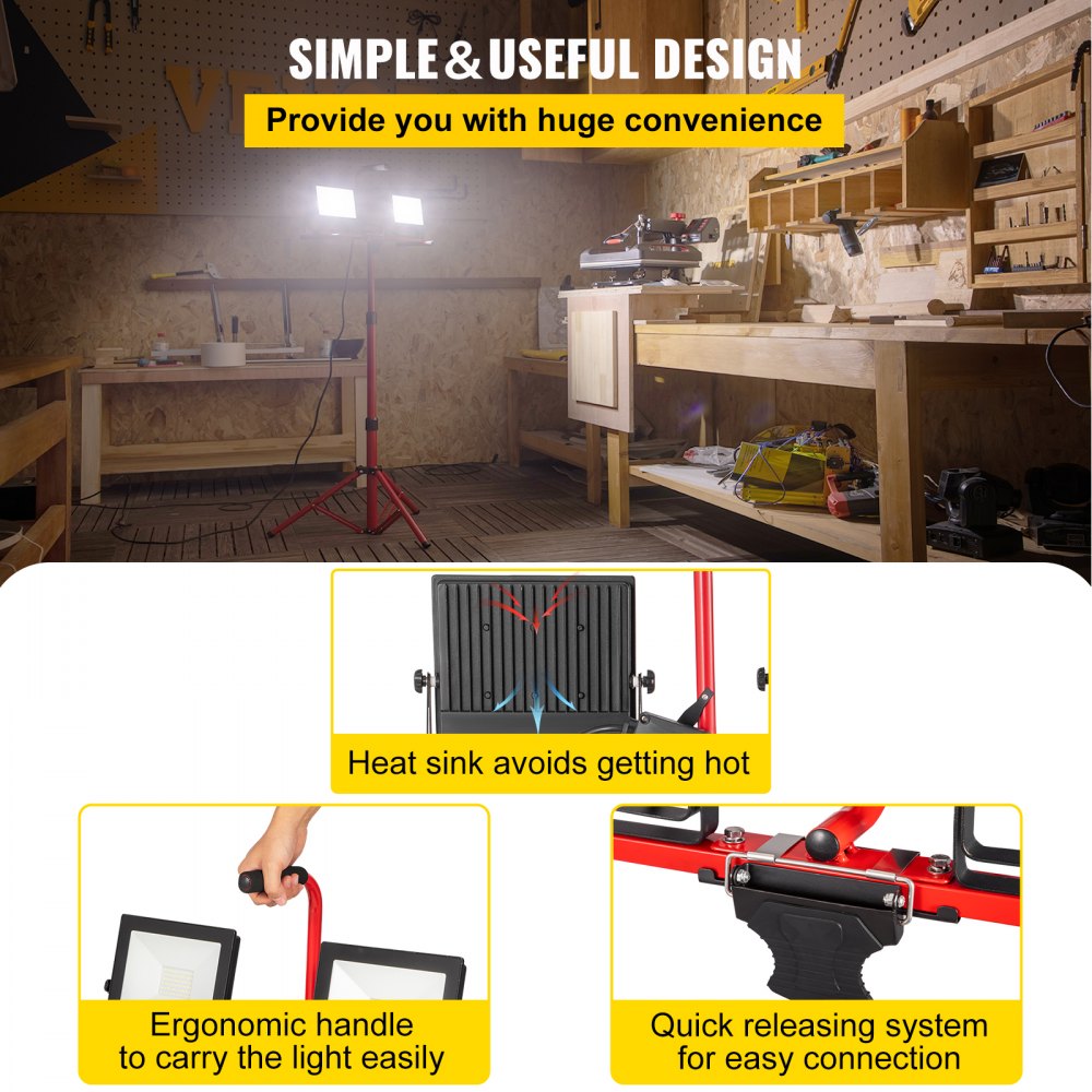 VEVOR LED Work Light with Stand, 10000 Lumen Dual-head LED Work Light with 27.6\"-68.1\" Adjustable and Foldable Tripod Stand, IP65 Waterproofed LED Tripod Work Light, with 5000 Kelvin Color Temperature 