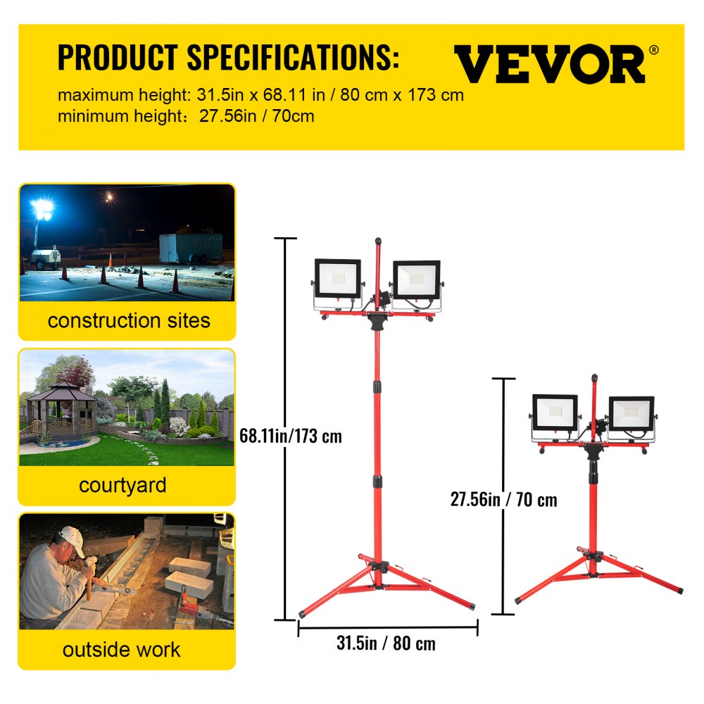 VEVOR LED Work Light with Stand, 10000 Lumen Dual-head LED Work Light with 27.6\"-68.1\" Adjustable and Foldable Tripod Stand, IP65 Waterproofed LED Tripod Work Light, with 5000 Kelvin Color Temperature 