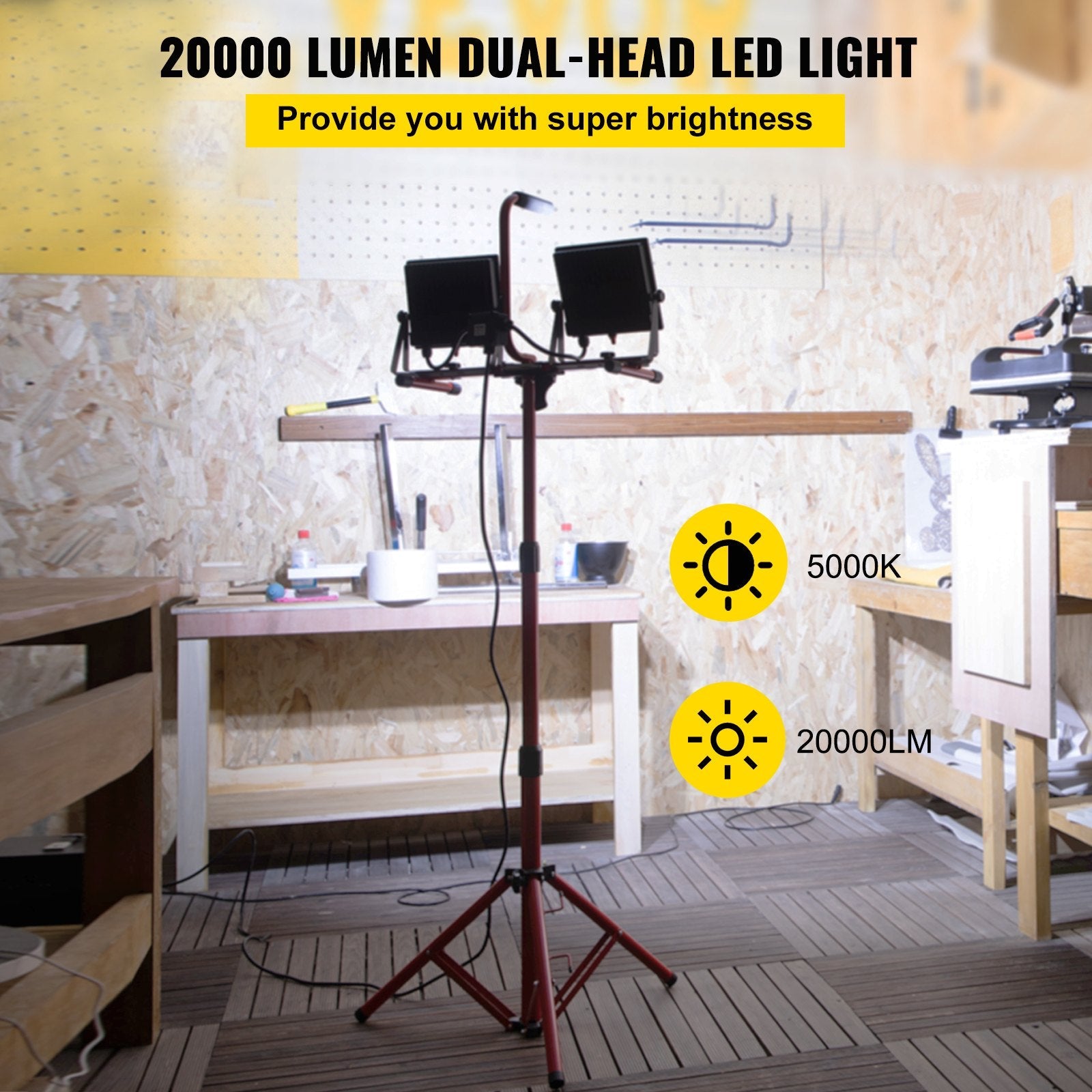 VEVOR LED Work Light with Stand, 20000 Lumen Dual-head LED Work Light with 27.6"-68.1" Adjustable and Foldable Tripod Stand, IP65 Waterproofed LED Tripod Work Light, with 5000 Kelvin Color Temperature 