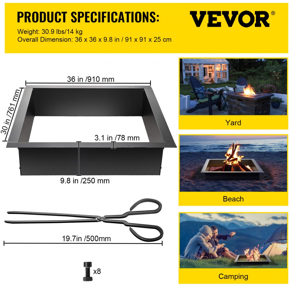 VEVOR Fire Pit Ring, 36-Inch Outer/30-Inch Inner Diameter Fire Pit Insert,1.5 mm Thickness Fire Ring, DIY Steel Ring with Tongs In-Ground Fire Pit Liner for Outdoor, Patio, Backyard 