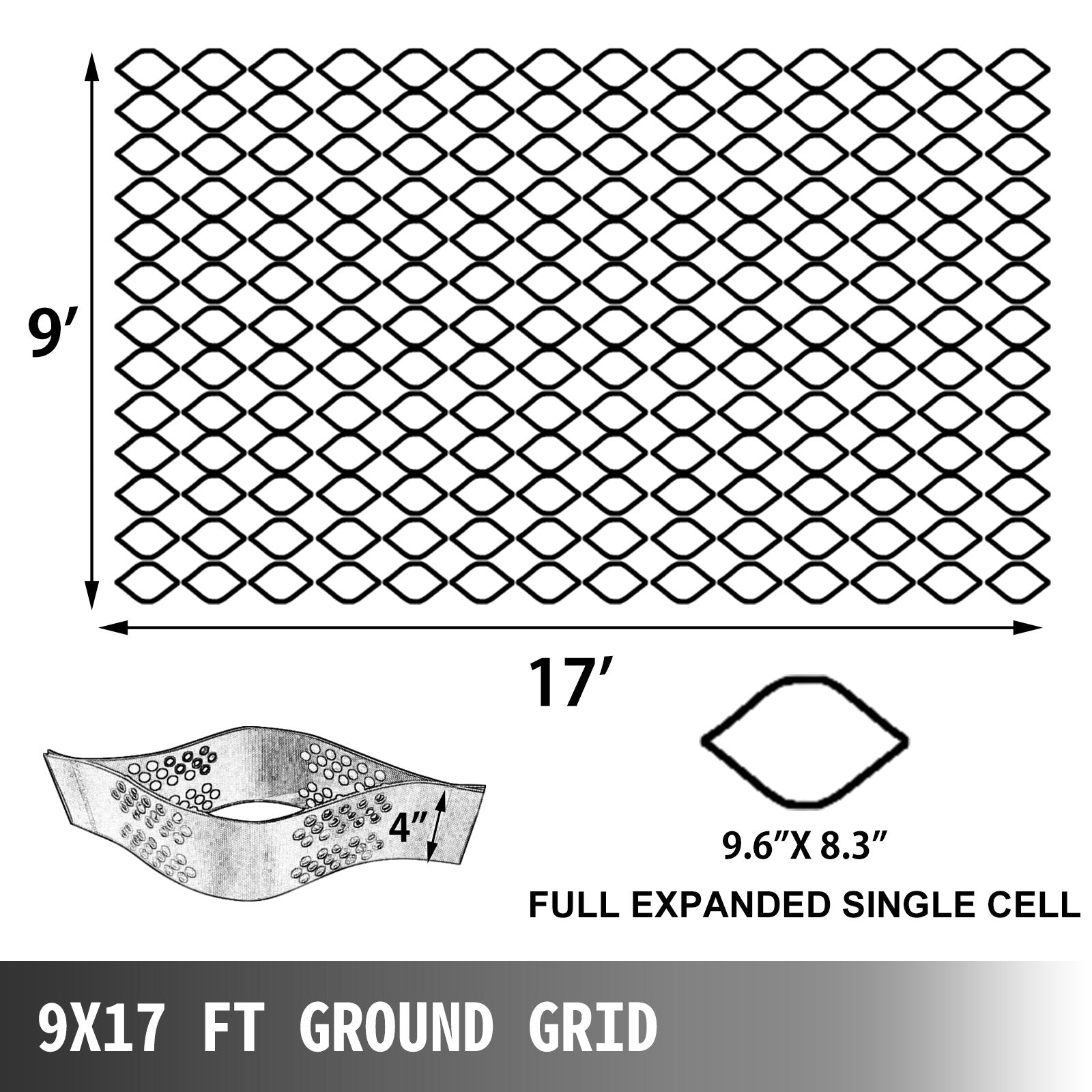 VEVOR Geo Grid Ground Grid 9x17 ft, Geo Cell Grid 4 Inch Thick, Gravel Grid HDPE Material, Ground Stabilization Grid 1885 LBS Per Sq, Tensile Strength Gravel Ground Grid for Slope Driveways, Garden 