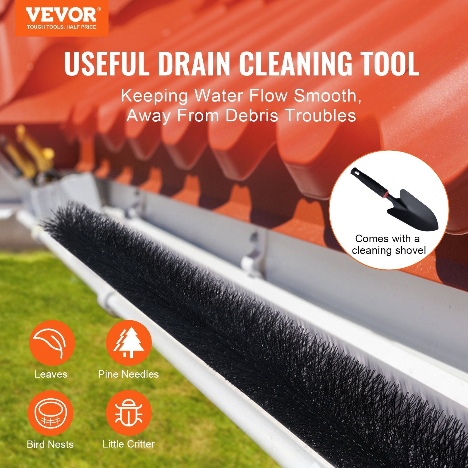 VEVOR Gutter Brush, 30 Feet Total Length 4.33 inch Diameter Gutter Cleaning Tools, Ground-Level Gutter Brush Leaf Guard for 5 Inch Gutters, Easily Clear roof Leaves and Debris, 10 Pack 