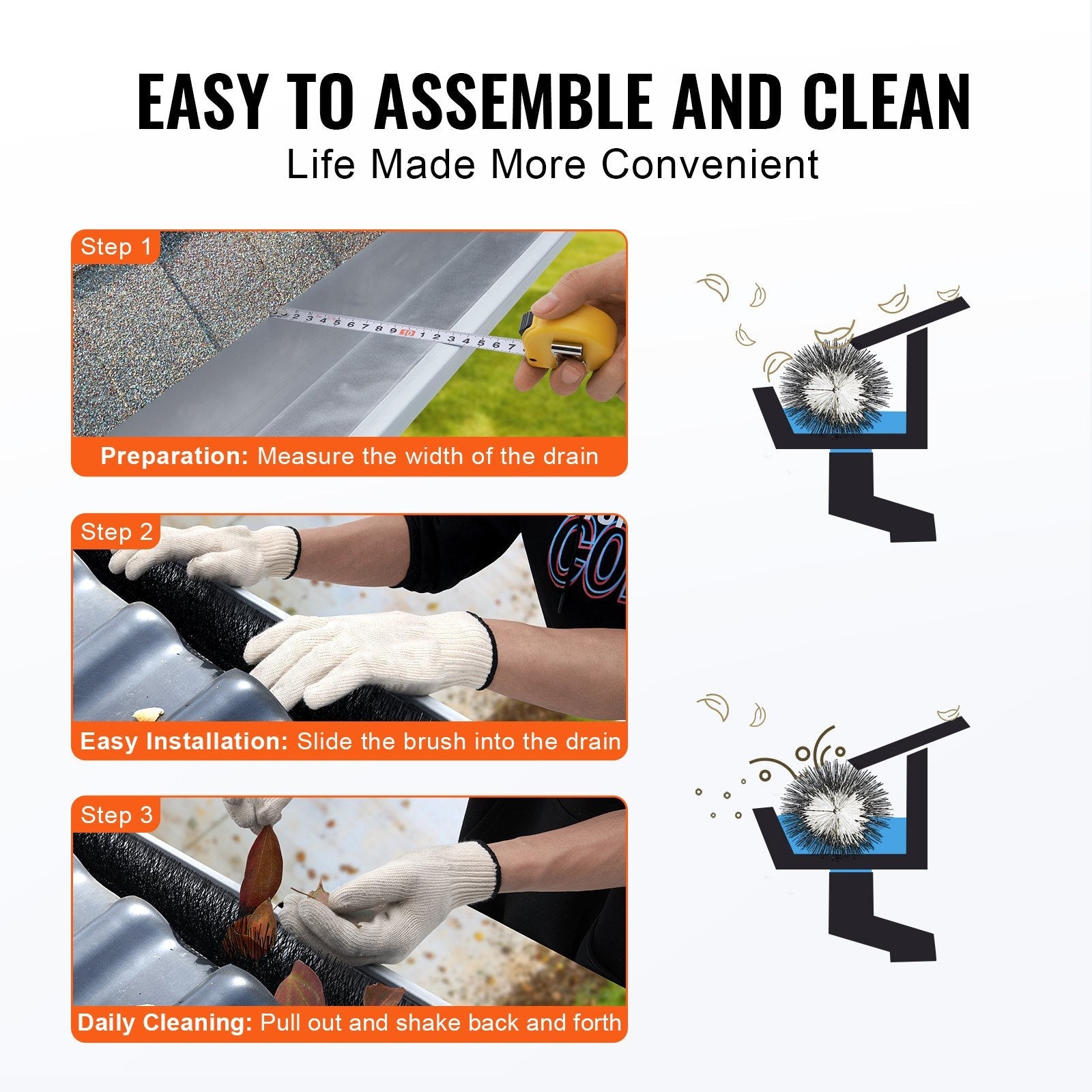 VEVOR Gutter Brush, 30 Feet Total Length 4.33 inch Diameter Gutter Cleaning Tools, Ground-Level Gutter Brush Leaf Guard for 5 Inch Gutters, Easily Clear roof Leaves and Debris, 10 Pack 