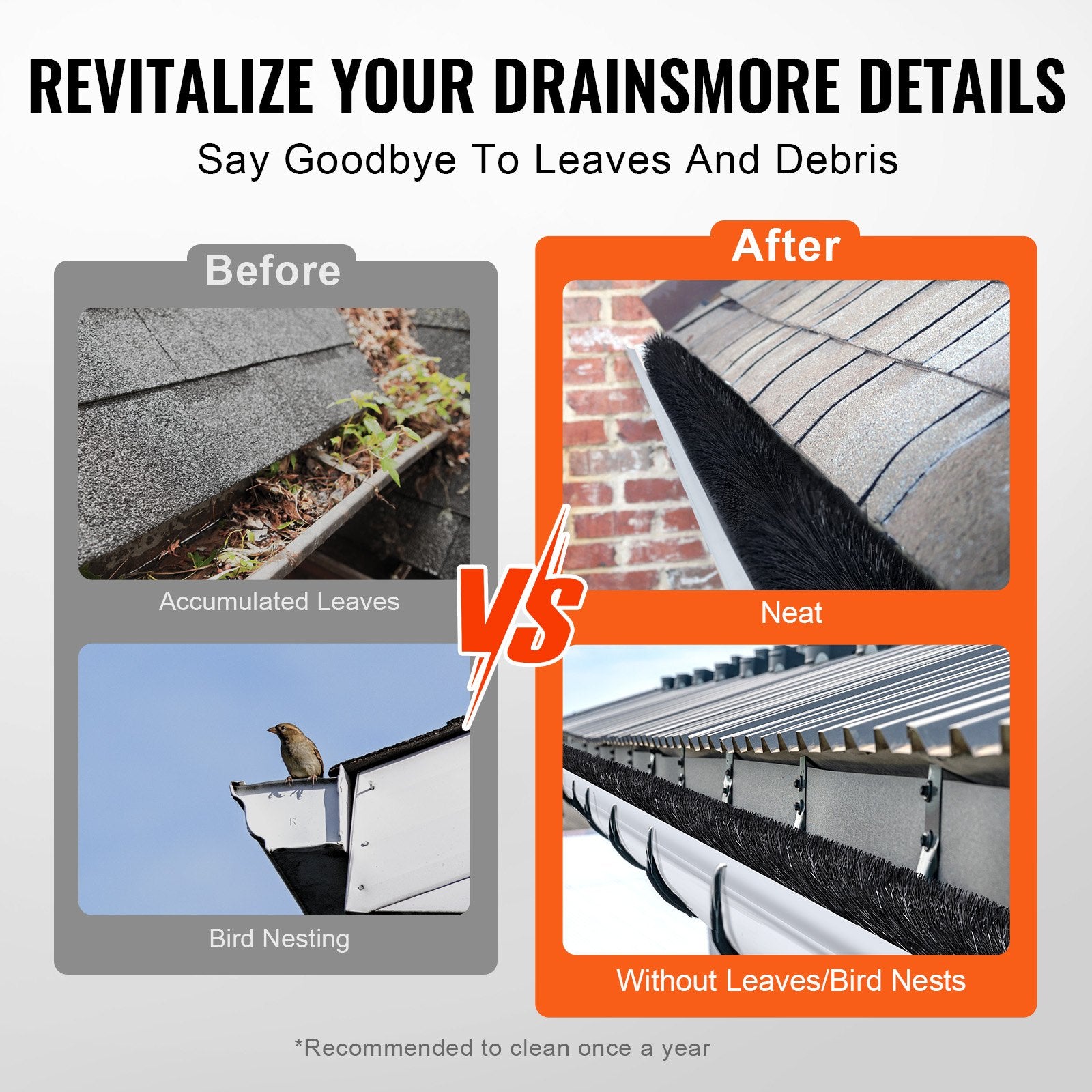 VEVOR Gutter Brush, 30 Feet Total Length 4.33 inch Diameter Gutter Cleaning Tools, Ground-Level Gutter Brush Leaf Guard for 5 Inch Gutters, Easily Clear roof Leaves and Debris, 10 Pack 