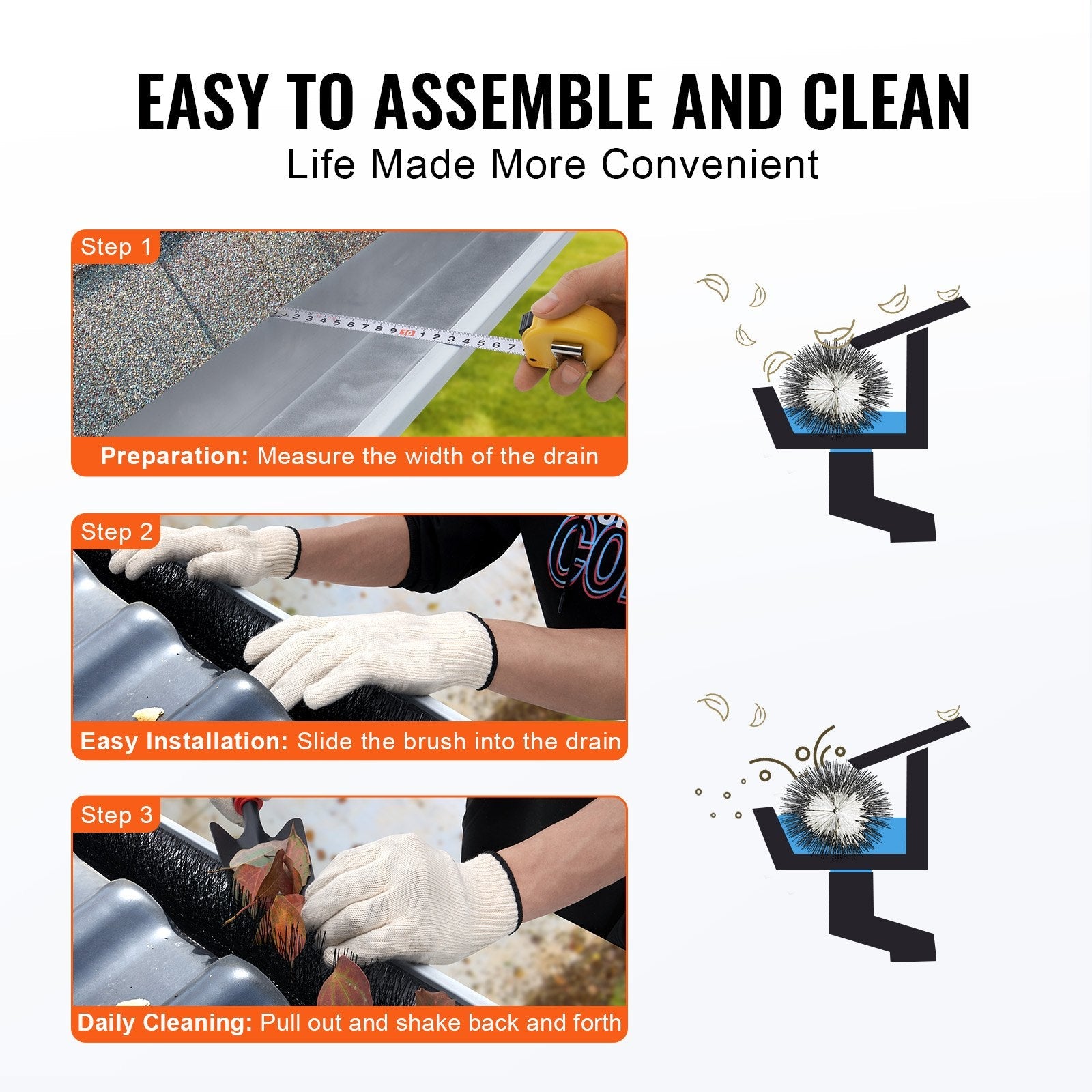 VEVOR Gutter Brush, 60 Feet Total Length 4.33 inch Diameter Gutter Cleaning Tools, Ground-Level Gutter Brush Leaf Guard for 5 Inch Gutters, Easily Clear roof Leaves and Debris, 20 Pack 