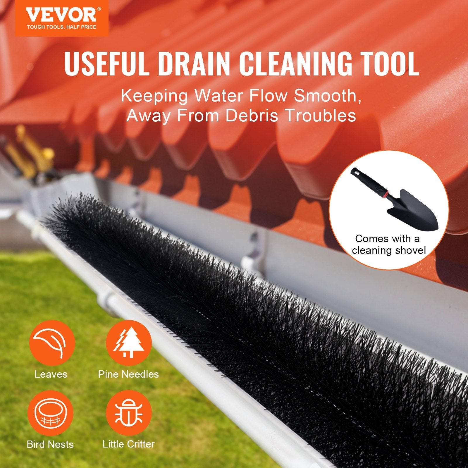 VEVOR Gutter Brush, 60 Feet Total Length 5.25 inch Diameter Gutter Cleaning Tools, Ground-Level Gutter Brush Leaf Guard for 5 Inch Gutters, Easily Clear roof Leaves and Debris, 20 Pack 