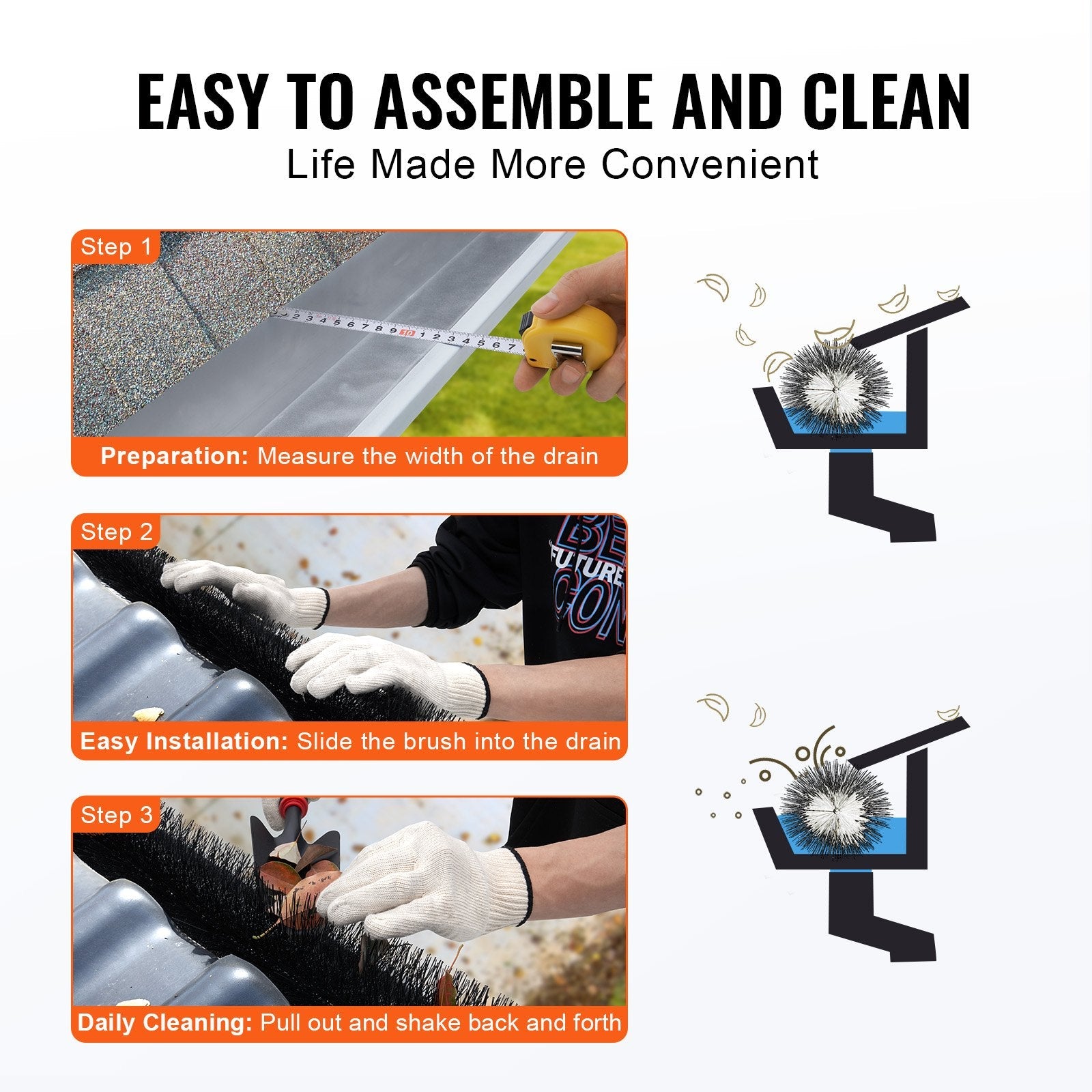 VEVOR Gutter Brush, 60 Feet Total Length 5.25 inch Diameter Gutter Cleaning Tools, Ground-Level Gutter Brush Leaf Guard for 5 Inch Gutters, Easily Clear roof Leaves and Debris, 20 Pack 