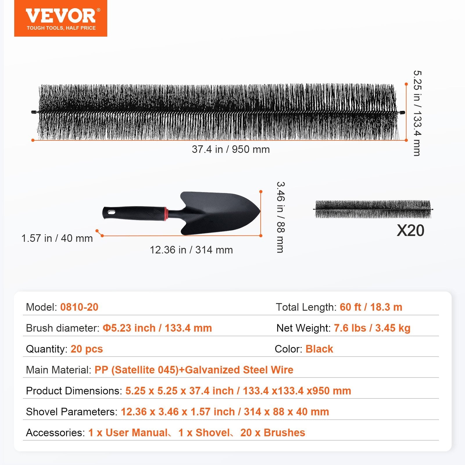 VEVOR Gutter Brush, 60 Feet Total Length 5.25 inch Diameter Gutter Cleaning Tools, Ground-Level Gutter Brush Leaf Guard for 5 Inch Gutters, Easily Clear roof Leaves and Debris, 20 Pack 