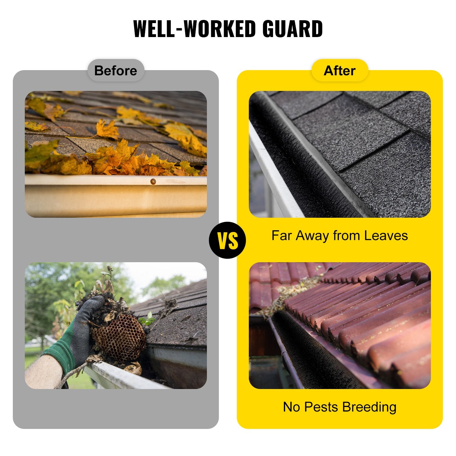 VEVOR Gutter Guard Brush With 120 FT Length Bristle, 4.33" Dia. Gutter Brush Leaf Guard Fit for 5 Inches Gutter, Galvanized Steel Wire Gutter Brush, No Tools, DIY Gutter Leaf Guard for Keep out Debris 