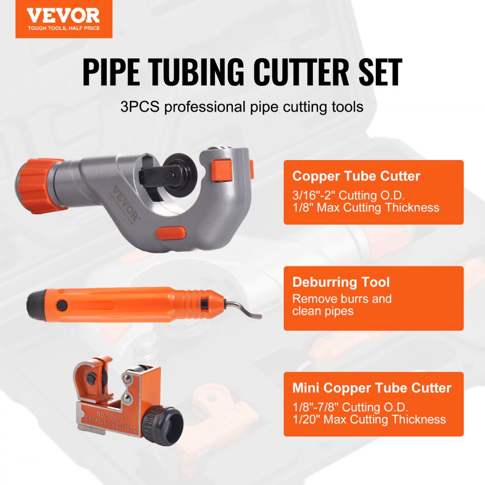 VEVOR 3PCS Tubing Cutter Set, 3/16"-2" O.D. Copper Pipe Cutter, 1/8"-7/8" O.D. Mini Tube Cutter and Deburring Tool, Heavy Duty Pipe Cutter Set for Copper, Aluminum, Stainless Steel, Plastic Pipes 