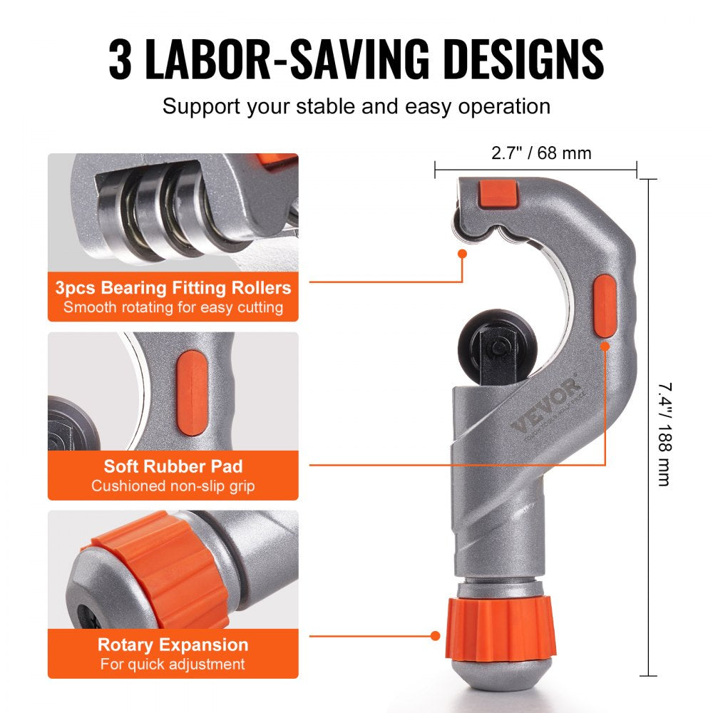 VEVOR 3PCS Tubing Cutter Set, 3/16"-2" O.D. Copper Pipe Cutter, 1/8"-7/8" O.D. Mini Tube Cutter and Deburring Tool, Heavy Duty Pipe Cutter Set for Copper, Aluminum, Stainless Steel, Plastic Pipes 