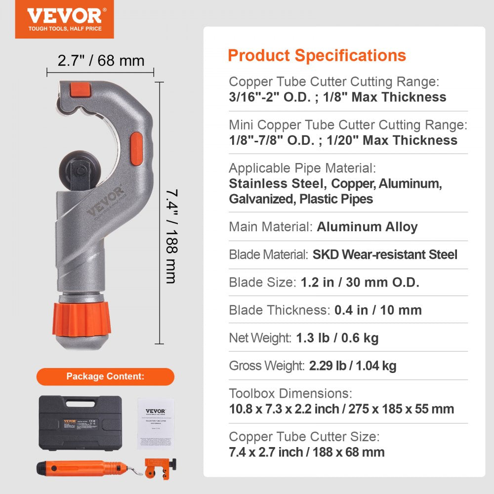 VEVOR 3PCS Tubing Cutter Set, 3/16"-2" O.D. Copper Pipe Cutter, 1/8"-7/8" O.D. Mini Tube Cutter and Deburring Tool, Heavy Duty Pipe Cutter Set for Copper, Aluminum, Stainless Steel, Plastic Pipes 