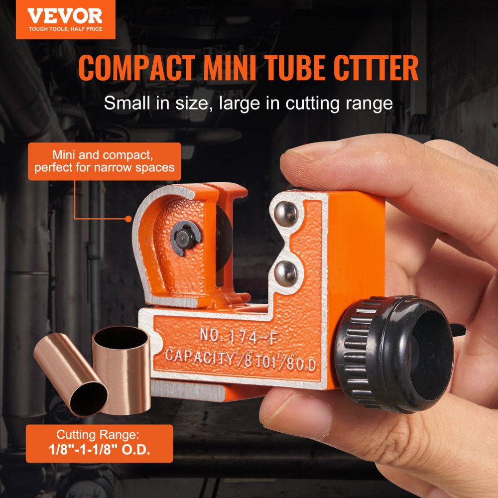 VEVOR Mini Tubing Cutter, 1/8" - 1-1/8" O.D. Mini Copper Pipe Cutter, Heavy Duty Compact Tube Cutter Tool with High-Speed SKD Blade for Copper, Aluminum, Galvanized, Plastic Pipes 
