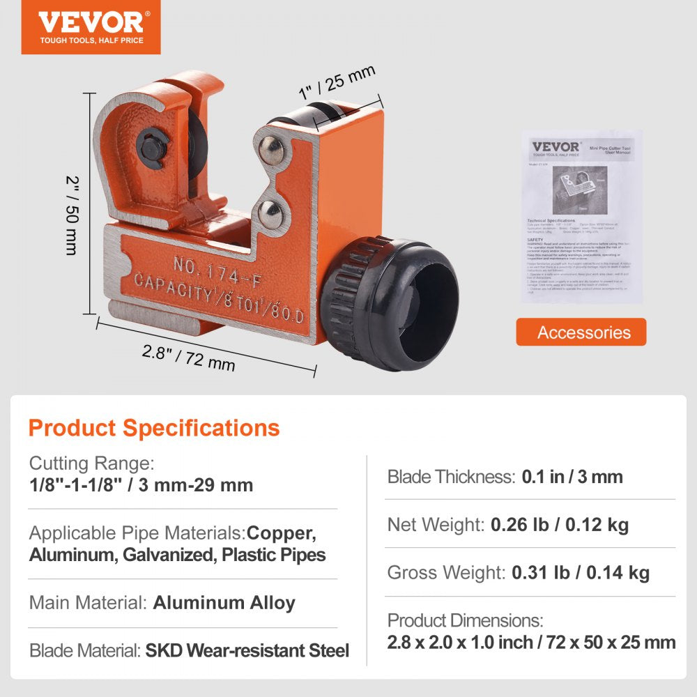 VEVOR Mini Tubing Cutter, 1/8" - 1-1/8" O.D. Mini Copper Pipe Cutter, Heavy Duty Compact Tube Cutter Tool with High-Speed SKD Blade for Copper, Aluminum, Galvanized, Plastic Pipes 