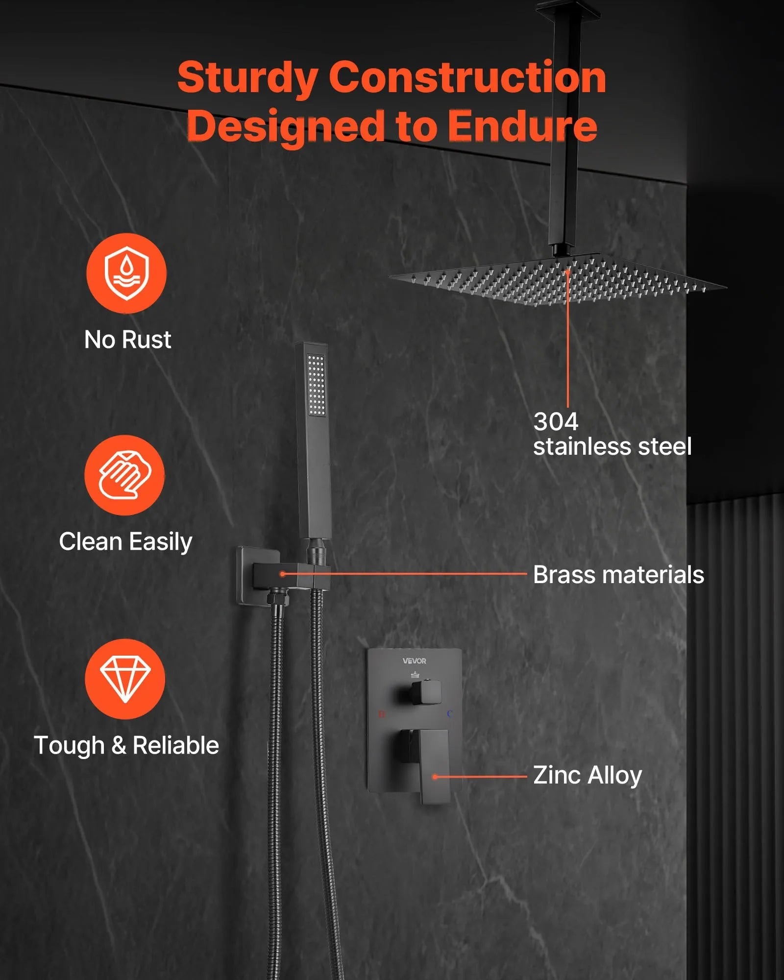 VEVOR Shower Faucet Set, Rainfall Bathroom Shower System with 10-Inch Square Rain Shower Head and Handheld Spray, Ceiling Mount Bath Fixtures with Brass Valve and Trim Kit, Matte Black 