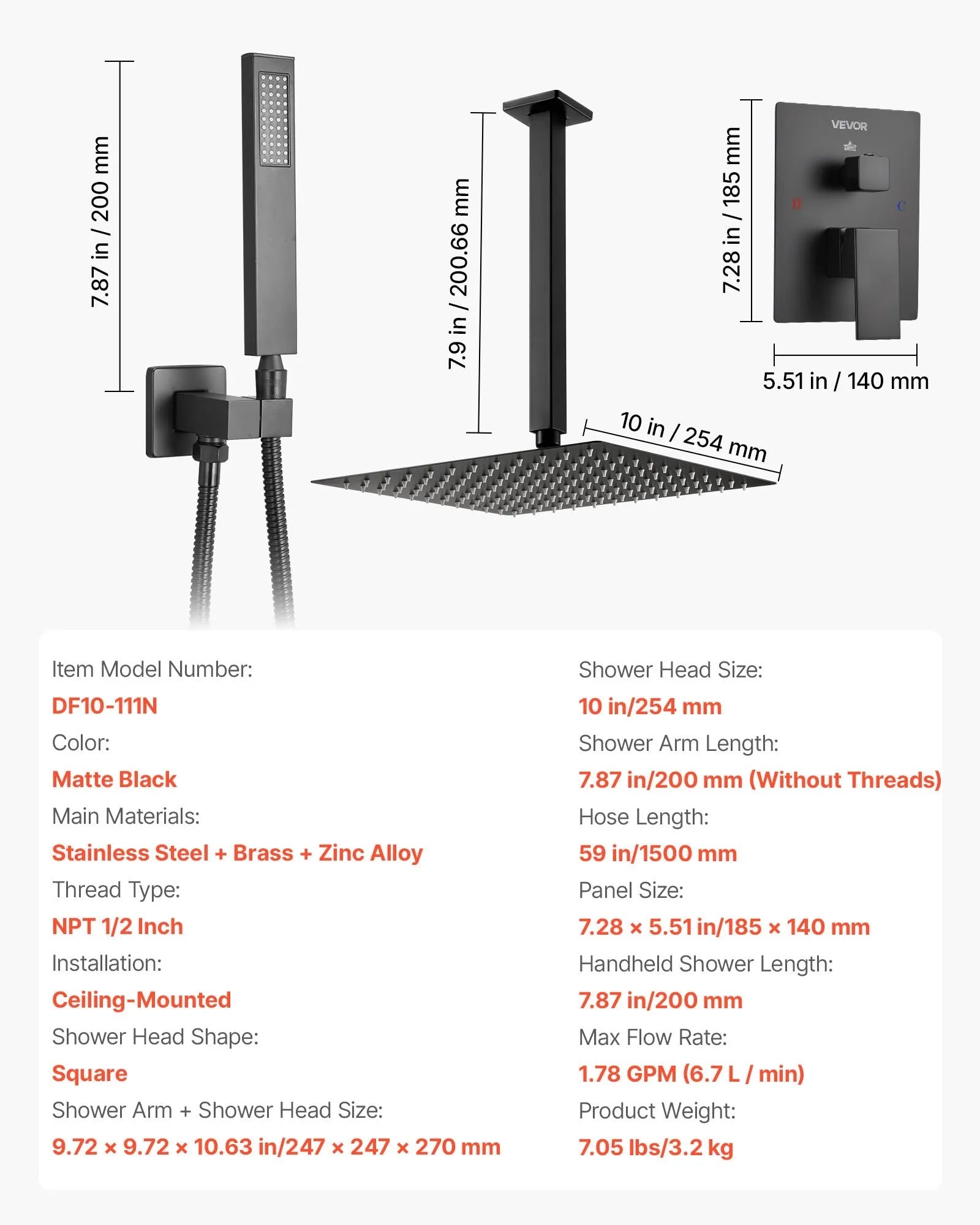 VEVOR Shower Faucet Set, Rainfall Bathroom Shower System with 10-Inch Square Rain Shower Head and Handheld Spray, Ceiling Mount Bath Fixtures with Brass Valve and Trim Kit, Matte Black 