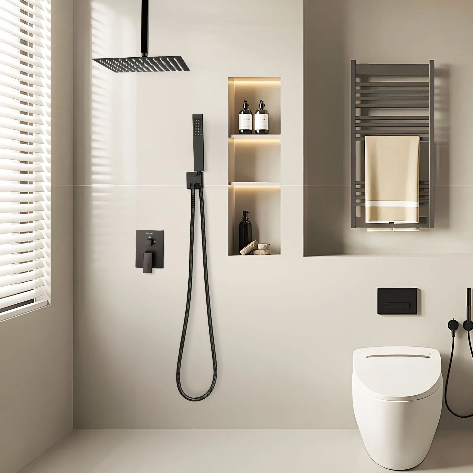 VEVOR Shower Faucet Set, Rainfall Bathroom Shower System with 10-Inch Square Rain Shower Head and Handheld Spray, Ceiling Mount Bath Fixtures with Brass Valve and Trim Kit, Matte Black 