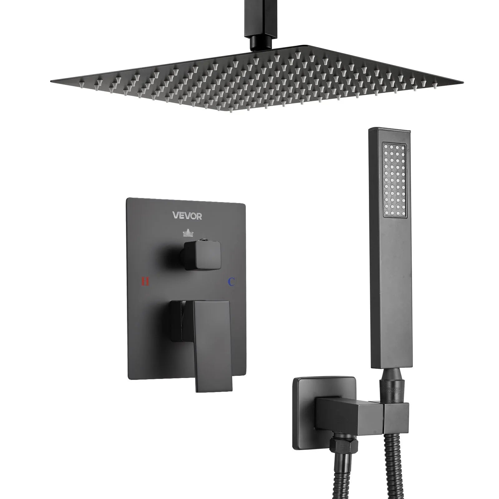 VEVOR Shower Faucet Set, Rainfall Bathroom Shower System with 10-Inch Square Rain Shower Head and Handheld Spray, Ceiling Mount Bath Fixtures with Brass Valve and Trim Kit, Matte Black 